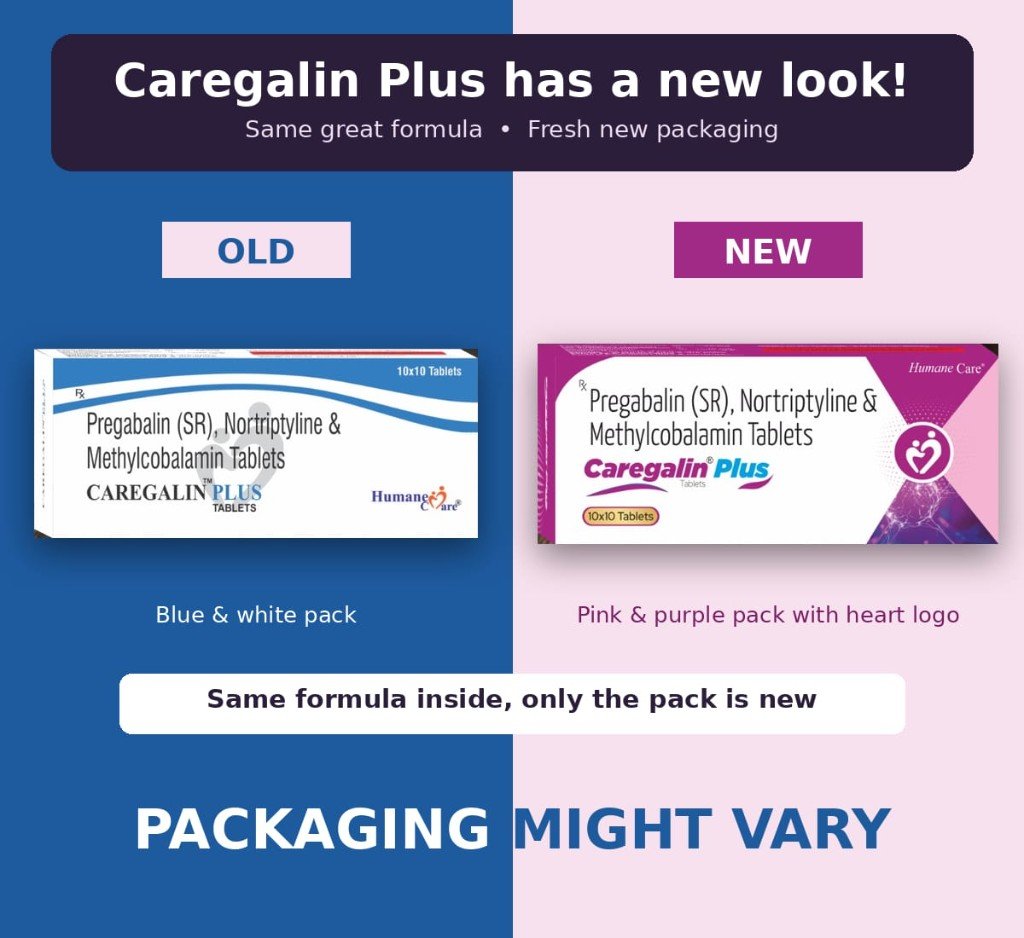 Caregalin Plus old and new packaging